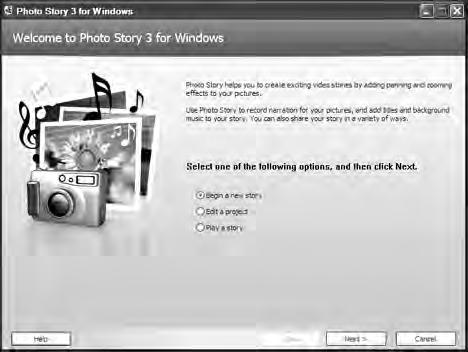 Figure 1. Begin a new story Importing Pictures In Import and arrange your pictures, select the pictures you want to use in the story and arrange them in the correct order on the film strip (Figure 2).