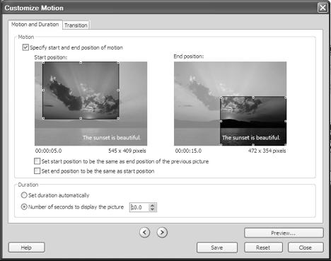 Figure 4. Narrate pictures and customize motion In the Customize Motion dialog box, select Motion and Duration to specify the start and end position of motion, and to set its duration (Figure 5).