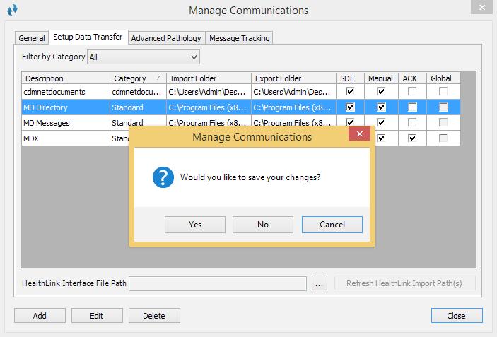 7. Ensure the Automated Import Enabled (SDI) and Manual Import Enabled (Manual) tick boxes are both ticked Figure 24: Save changes and Close 8. Select Close, then Yes in order to save your changes 9.