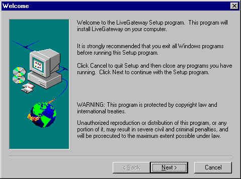 Installing the LiveGateway Software To install the LiveGateway software: 1. Insert the LiveGateway CD-ROM into the CD drive. 2. Click the Windows NT Start button on your desktop, and choose Run.