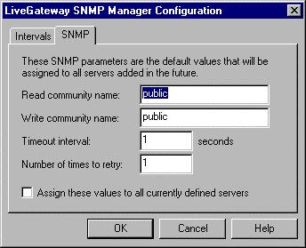 4. To change the default values for the SNMP parameters that will be assigned to all LiveGateway servers added in the future, enter the values to be changed.