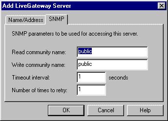 The SNMP tab shown here allows you to specify the SNMP parameters that will be used for accessing the server that is being added. Initially this tab displays the default SNMP parameters.