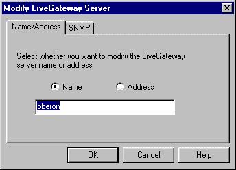 Boards To add more servers, repeat steps 1 through 4. Changing Server Information To change a LiveGateway server's name, address or SNMP parameters, perform the following procedure: 1.
