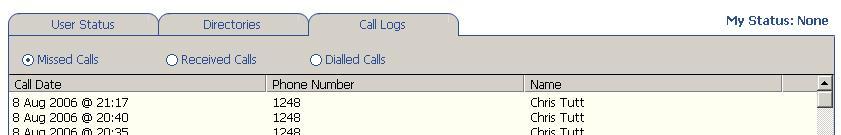 Call Logs The Call Logs tab displays Missed, Received and Dialled Calls in chronological order. Double click any entry to make a call or right click to Add to Personal Directory.