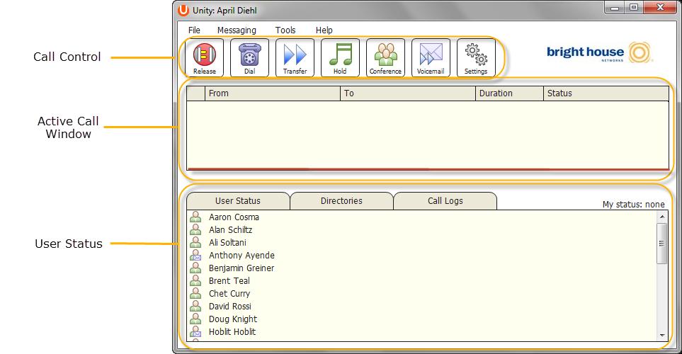 Window Layout Unity is split into three functional areas; Call Control Includes features and functions that can be performed for placing calls, handling active calls and locating settings associated