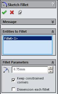 Step 7. Click Smart Dimension Sketch toolbar. (S) on the Step 8. Add dimensions, Fig. 44. Step 9. Click Sketch Fillet toolbar. on the Sketch Step 10. In the Sketch Fillet Property Manager set: Radius.