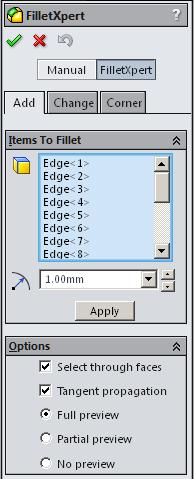 In the Fillet Property Manager: select FilletXpert, Fig. 51 Radius 1 click top front edge, Fig. 52 click Internal to feature, Fig.