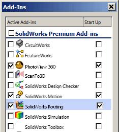 J. Enable SOLIDWORKS Routing. Step 1. If necessary, turn on SOLIDWORKS Routing, click the flyout of Options on the Standard toolbar and click Add-Ins. Step 2.
