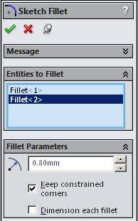 Step 11. Click Sketch Fillet on the Sketch toolbar. Step 12. In the Property Manager set: Radius 1.8 Fig. 13 click the 3 corners, Fig. 14 click OK. Radius.8 Fig. 15 click the two corners, Fig.