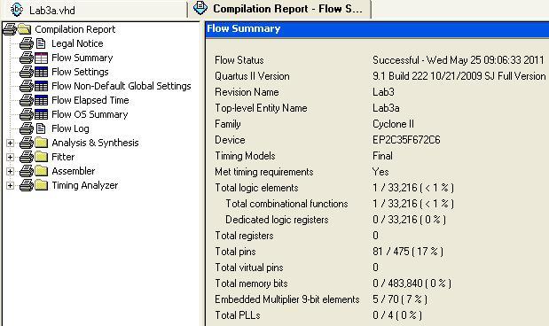 6. Save the changes to Lab3a.vhd, then compile the design again and view the results in the Compilation Report.