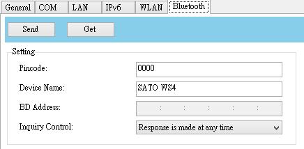 6 SATO WS4 Printer Utility Work with SATO WS4 Printer Utility 6.2.8 Bluetooth The Bluetooth tab provides Bluetooth settings.