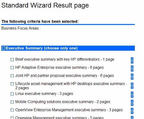 Choose standard Wizard content User can then choose which content to include into the proposal by using the check boxes User can preview the content by simply clicking on the description of the