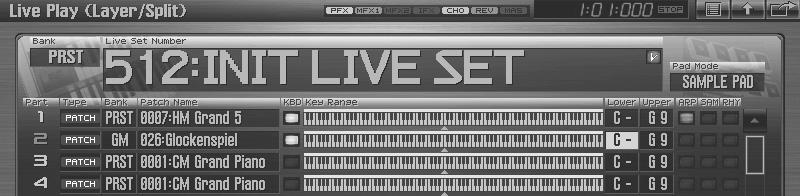 Playing Two or More Sounds Simultaneously (Layer/Split) Specifying the key range In the Live Play (Layer/Split) screen, we can specify the key range for each part. 1.