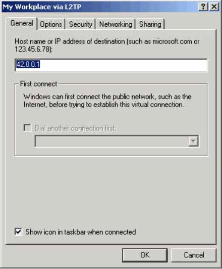 Figure 3-92. L2TP Connection Properties Window, General Tab Step 10. Click the Networking tab to specify the type of VPN.