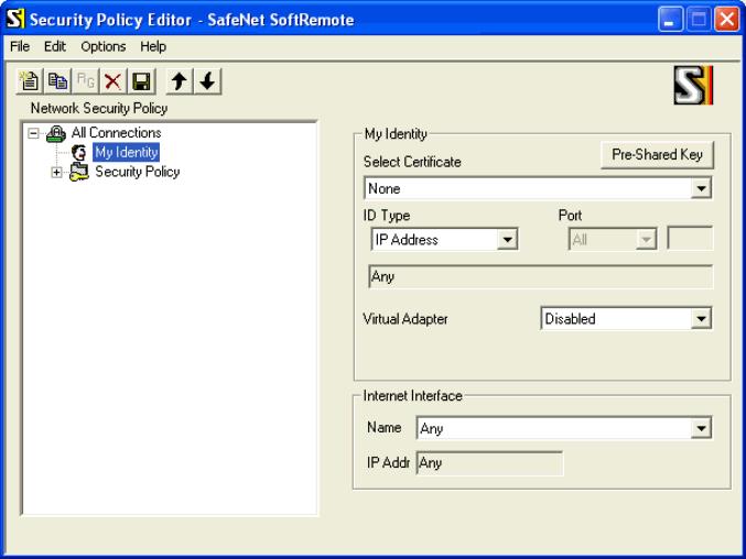 Figure 3-3. Security Policy Editor SafeNet Remote Window, My Identity Panel Make sure that Select Certificate is set to None. Step 5.
