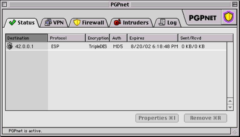 Figure 3-30. PGPnet Window, VPN Panel If you have problems connecting to the VPN server, you can click the Log tab for information.