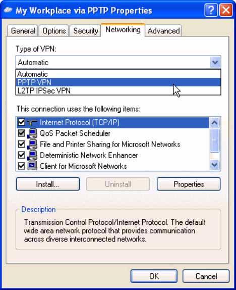 Figure 3-40. PPTP Properties Window, Networking Tab Step 11. Click the Security tab to customize the security protocols. Select Advanced (custom settings) and then click the Settings button.