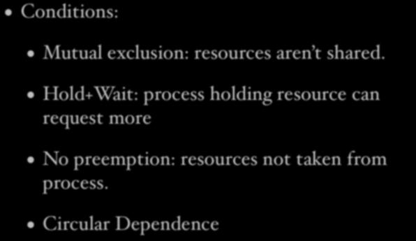 Deadlock Conditions: Mutual exclusion: resources aren t shared.