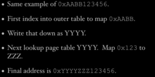 Doing the translation Same example of 0xAABB123456. First index into outer table to map 0xAABB.