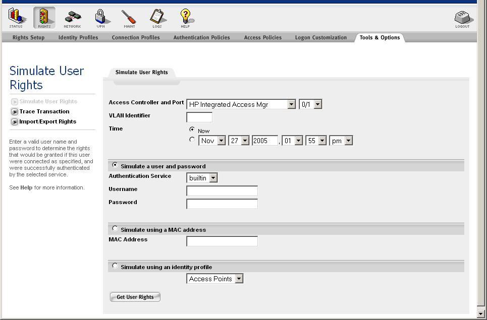 Configuring Authentication Figure 5-31. Simulate User Rights Page To simulate rights for a specific user, type information into the fields on this page as defined in Table 5-19.