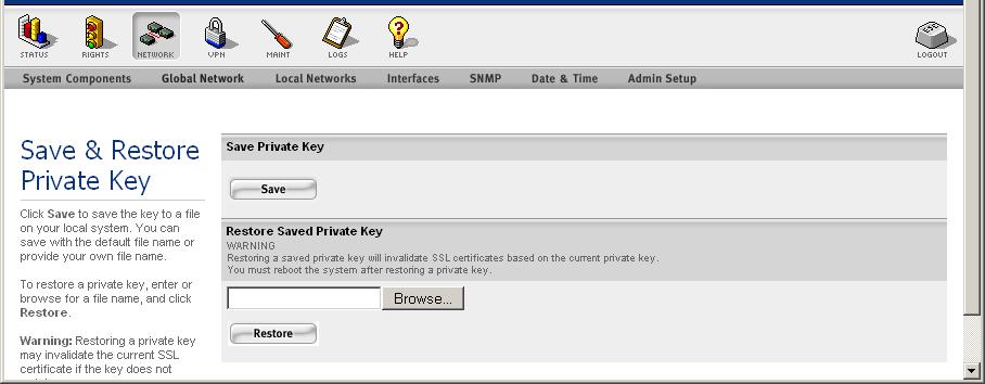 Configuring the Network Figure 6-19. Save and Restore Private Key Page Step 3. Under the Save Private Key heading, click Save. This also closes the window.