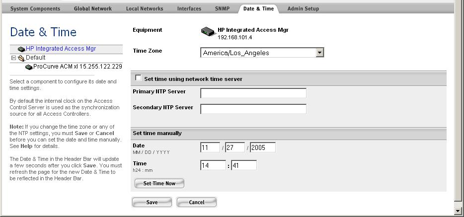 Configuring the Network Figure 6-23. Date & Time Page Step 2. Using the System Components List on the left select the component for which you want to set the date and time.