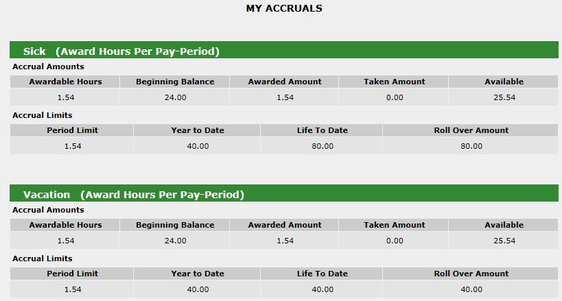 From the main menu, you can select My Accruals under the Payroll Information header to view your time-off accruals.