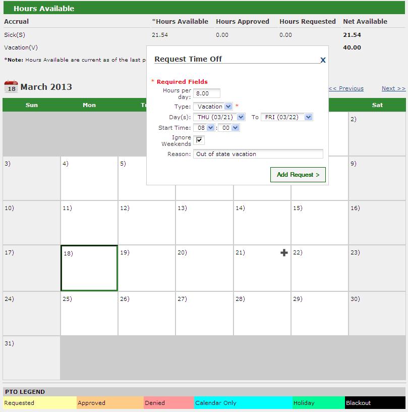 Option 2) Time-Off Calendar To request time off from the Time-Off Calendar, select the plus sign on the day to be requested off. Note: Today s date will always have a solid outline on the calendar.
