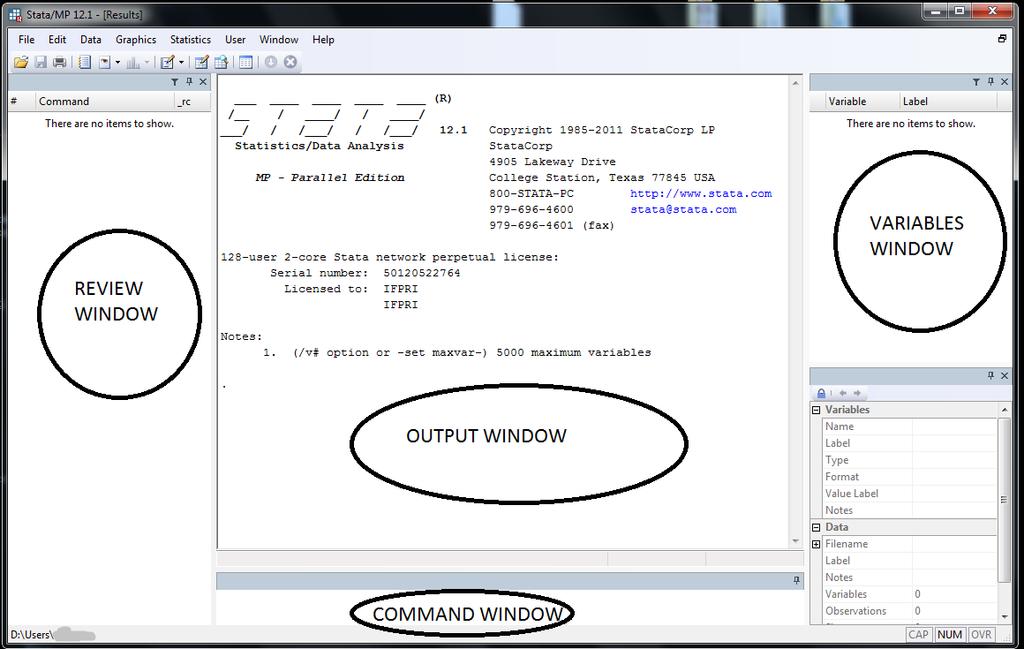 If you have Stata 12, the screen will look slightly different, but the same windows will appear, as in the screenshot below: Stata has four main windows: The Command window, the Output window, the