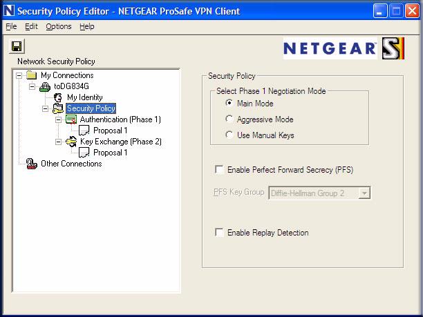 b. Click Security Policy to show the Security Policy menu. Figure B-18 c. Select the Main Mode radio button in the Select Phase 1 Negotiation Mode group. 4. Configure the VPN client identity.