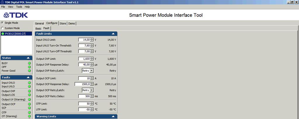 The fault tab allows the user to change items such as over current thresholds, input and output over voltage thresholds and response times.