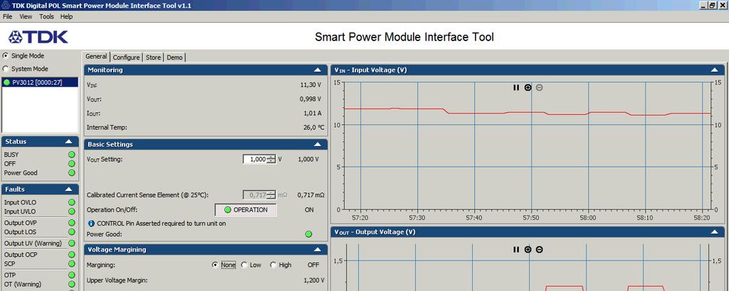 GUI main screen the output voltage set point can be changed, the margin up & down are