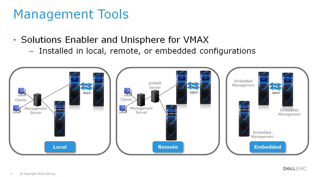 Local, remote, or embedded instances of Solutions Enabler (SE) and Unisphere for VMAX (Unisphere) can be used to monitor, manage and configure VMAX3 and VMAX All Flash arrays.