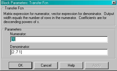 Double click on the transfer function to bring up the parameter dialog window and enter the values for the coefficients in the denominator as shown in Figure E3-2.