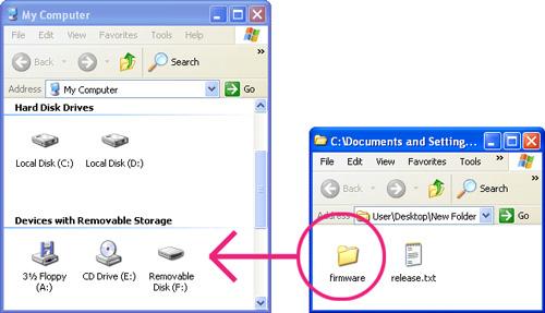 Drive letters may differ When copying is complete, open the firmware folder on the removable disk and confirm that it contains the file firmware.bin. 6 Disconnect the camera from the computer.