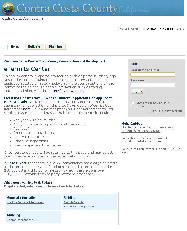 epermits Center The Contra Costa County epermits Center was designed to provide citizens and contractors with a portal for searching record, contractor, and parcel information from the county s