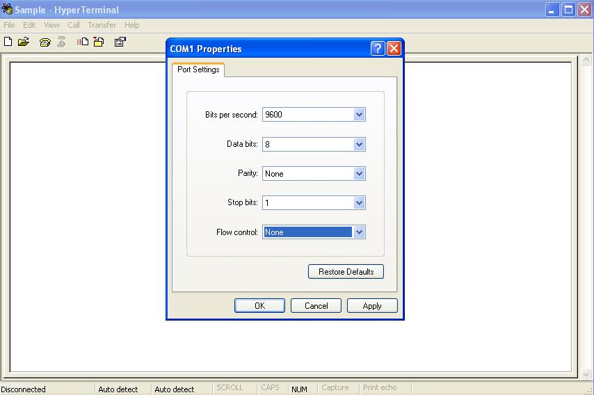 4) On the next screen, set the com port operating parameters as shown below