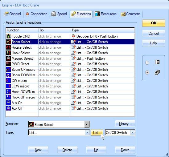 Boom Select Roco Crane Functions Tab Boom Select In the Assign Engine Functions the Boom Select is a List item (see below).