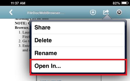 To open the file with another application, tap the actions icon. Choose Open in.