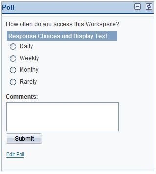Working in Collaborative Workspaces Chapter 5 Poll pagelet (general workspace member before answering the poll question) Poll pagelet (workspace administrator after answering the poll question) Use