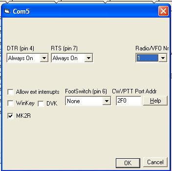 In the Com5 dialog box, press the MK2R button. This lets N1MM know to send SO2R related commands to this port. Press OK. Next, press the Set button associated with Com3.
