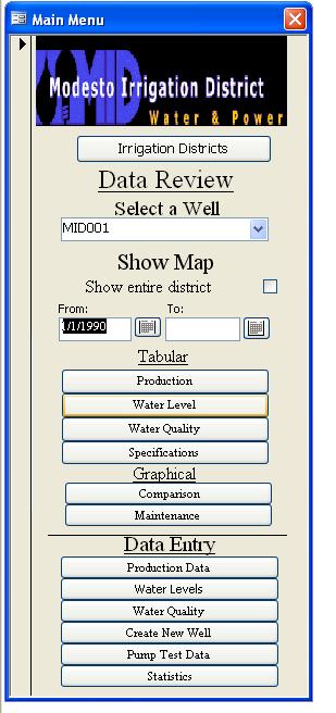 Select Type of Data to Review From the buttons under the Data Review heading on the Main Menu, select the type of data you would like to review for the selected well or all wells: Tabular production