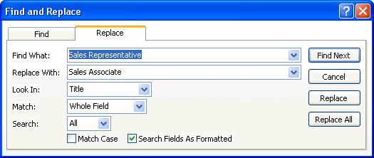 100 Microsoft Access 2003 Lesson 3-1: Finding and Replacing Information Figure 3-1 The Find tab of the Find and Replace dialog box. Figure 3-2 The Replace tab of the Find and Replace dialog box.