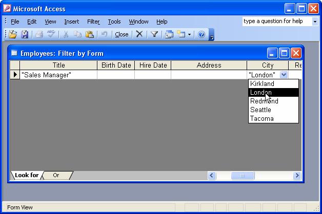 106 Microsoft Access 2003 Lesson 3-4: Filtering by Form Figure 3-7 The Filter by Form window.