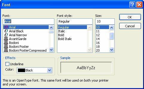 116 Microsoft Access 2003 Lesson 3-11: Changing the Datasheet Font Figure 3-21 The Font dialog box. This area displays a preview of how the new font settings will look.