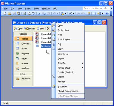 20 Microsoft Access 2003 Lesson 1-8: Keystroke and Right Mouse Button Shortcuts Figure 1-13 Right-click any object to display a list of things that you can do to the object.