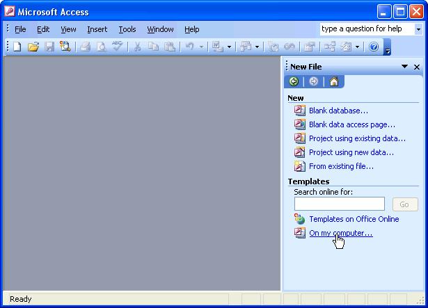 64 Microsoft Access 2003 Lesson 2-2: Creating a Database Using the Database Wizard Figure 2-3 The New File task pane appears each time you start Access.
