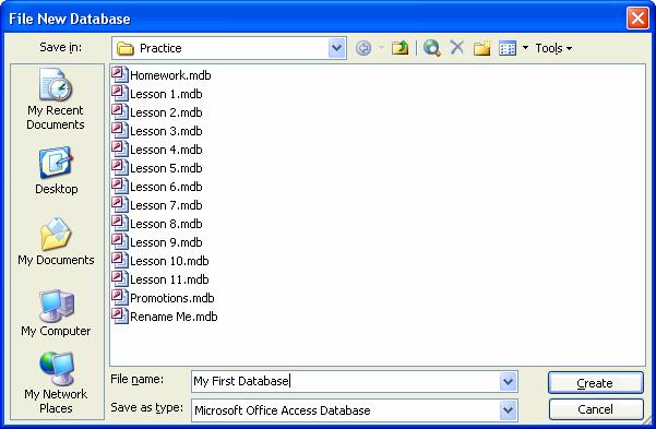 66 Microsoft Access 2003 Lesson 2-3: Creating a Blank Database Figure 2-5 The New File task pane. Figure 2-6 When you create a new database, you must specify its file name and location.