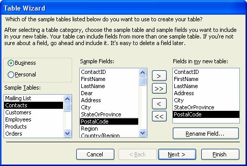 68 Microsoft Access 2003 Lesson 2-4: Creating a Table Using the Table Wizard Figure 2-7 The Table Wizard lets you create a table by adding ready-made fields to it.