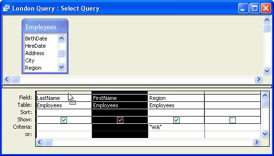76 Microsoft Access 2003 Lesson 2-8: Modifying a Query Figure 2-13 To select a field in Query Design View, position the mouse over the name of the field you want to select ( changes to ) and click to